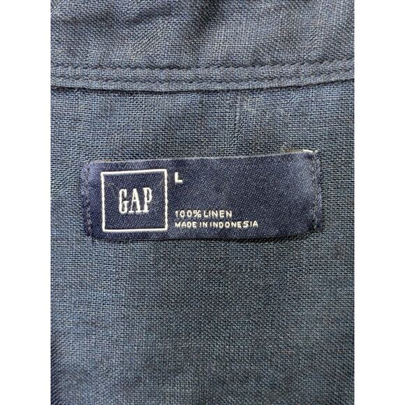 Gap Linen Shirt Womens Large Popover Roll Tab Sleeve Natural Navy Collared - Picture 3 of 10